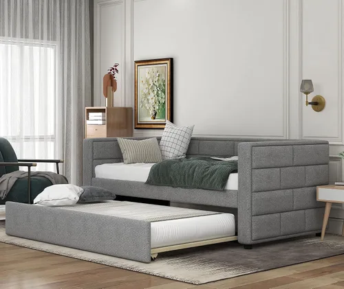 Vista 3 de Bellemave Sofá cama tapizada, sofá cama de tamaño individual con nido, sofá cama nido enrollable, sofá cama tapizada con respaldo acolchado (gris)