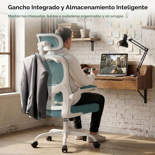 Vista 6 de AreShark Silla de Oficina Ergonómica con Soporte Lumbar Ajustable y Gancho para Respaldo, Silla de Malla Transpirable con Respaldo Alto y Ruedas