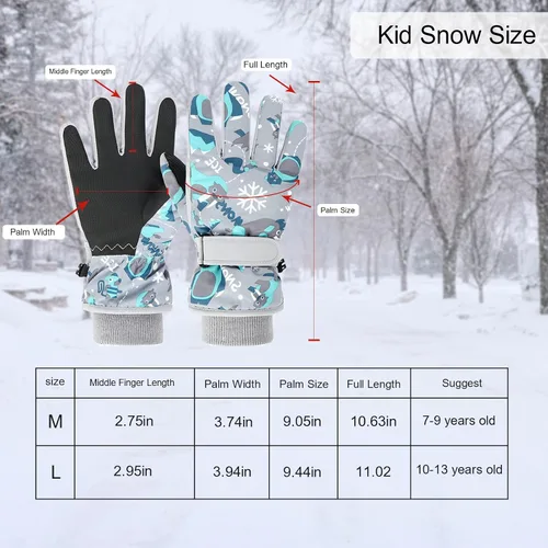 Vista 5 de Caudblor Guantes de esquí para niños, guantes de invierno impermeables para niños y niñas, guantes de invierno aislados para jóvenes de 7 a 12 años