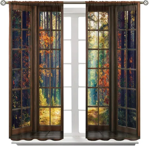 Vista 144 de Cortinas de paisaje, ventana 3D, primavera, bosque, vida silvestre, paisajes de naturaleza, dormitorio, sala de estar, cortinas térmicas opacas de 2