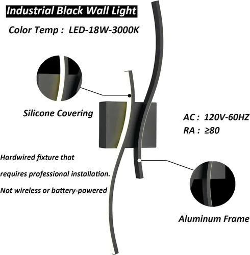 Vista 6 de Lámpara de pared con luz LED moderna, minimalista, industrial, de 24" en negro, para espacios pequeños, lámpara de pared con cableado para baño