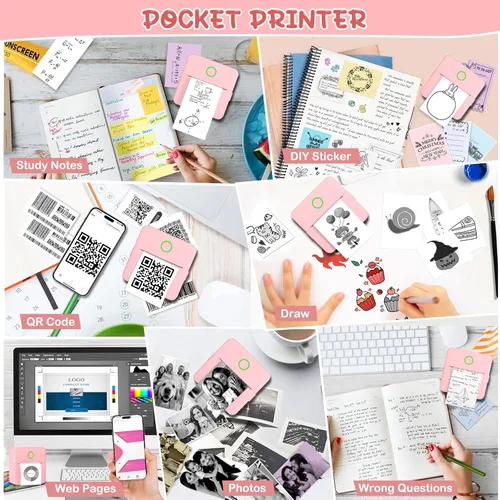 Vista 6 de Impresora de calcomanías, impresora térmica portátil, mini impresora con 10 rollos de papel de impresión, máquina de impresora de calcomanías