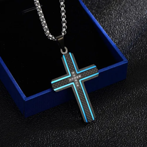 Vista 5 de Holizaly Collar de cruz para hombre, colgante de acero inoxidable 316L, color blanco, dorado, negro, azul, caja de regalo incluida