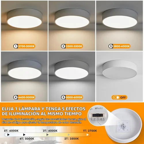 Vista 5 de Lámpara de Techo LED Blanca Regulable de Montaje al Ras, Accesorios de Iluminación Modernos Redondos para Pasillo, Luces de Techo 5CCT 2700K-6000K