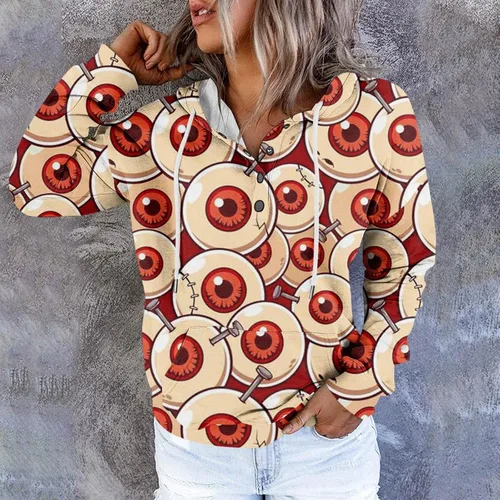 Vista 7 de Sudaderas con capucha de Halloween para mujer, clásicas, de manga larga, con estampado de calabaza, con bolsillos
