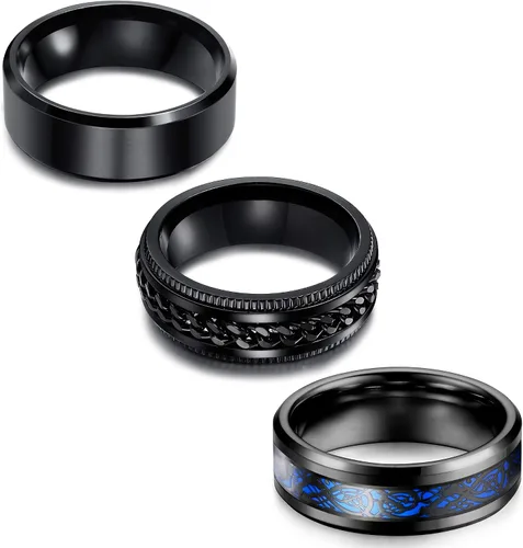 Vista 7 de Jstyle Juego de 3 anillos giratorios de acero inoxidable de titanio para hombres y mujeres, cadena griega, llavero griego, anillo para boda
