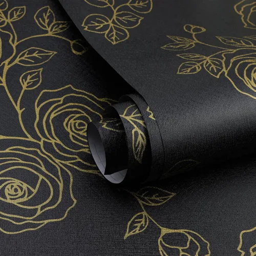 Vista 2 de Amiya Papel tapiz floral negro y dorado, línea de papel tapiz para despegar y pegar, estilo bohemio, retro, renovación de dormitorios, armarios