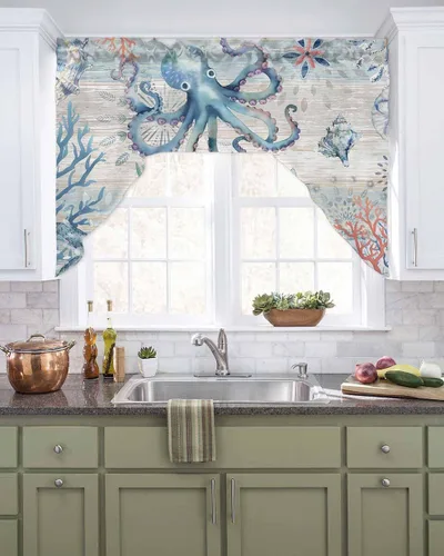 Vista 2 de Cortinas de cocina con cenefa de pulpo costero, con bolsillo para barra, paneles de cortina para dormitorio, sala de estar, baño, cafetería