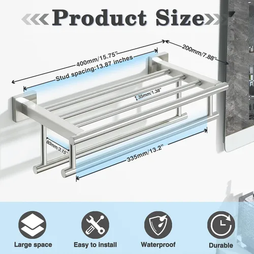 Vista 9 de Alise Toallero, Estante de Toallas con Barras Dobles para Lavabo de Baño, SUS 304 Acero Inoxidable de Montaje en Pared, 40.6 cm Níquel Cepillado