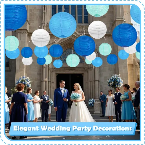 Vista 6 de 12 Linternas de Papel Azul, Blanco y Verde Menta de Tamaños Variados (6" 8" 10" 12") para Decoración del Hogar, Boda, Cumpleaños, Decoraciones