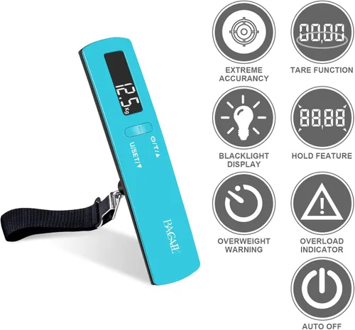 Vista 2 de BAGAIL BASICS Báscula digital de equipaje, báscula de equipaje colgante de 110 libras con pantalla LCD retroiluminada, báscula de pesaje portátil