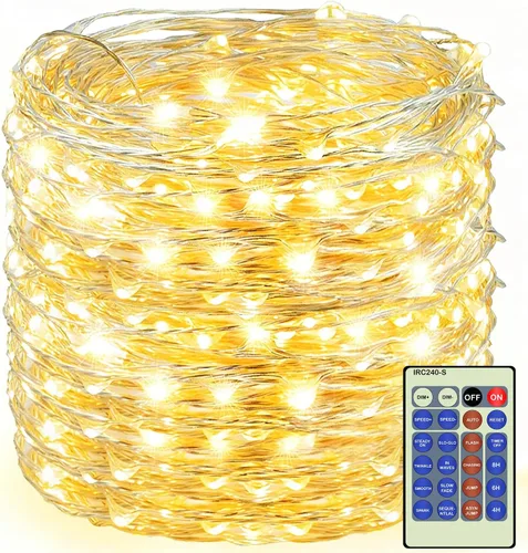 Vista 16 de Decute - Tira de luces de hadas de 300 LED de 99 pies de alambre plateado para árbol de Navidad, con control remoto, luz estrellada tipo luciérnaga