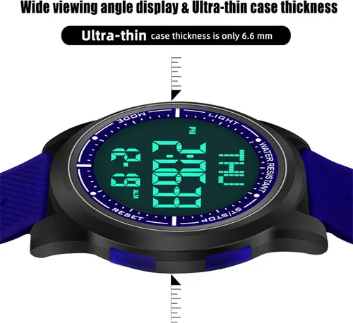 Vista 51 de Beeasy - Reloj digital de pulsera resistente al agua con cronómetro, alarma, cuenta regresiva, doble zona horaria, ultrafino, pantalla angular muy