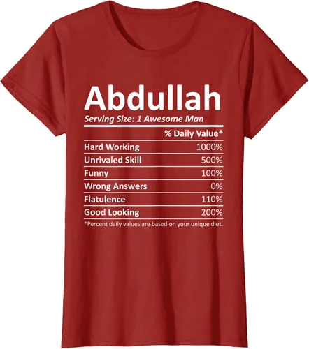 Vista 26 de ABDULLAH Nutrition Funny Birthday Personalizado Nombre Regalo T-Shirt Negro