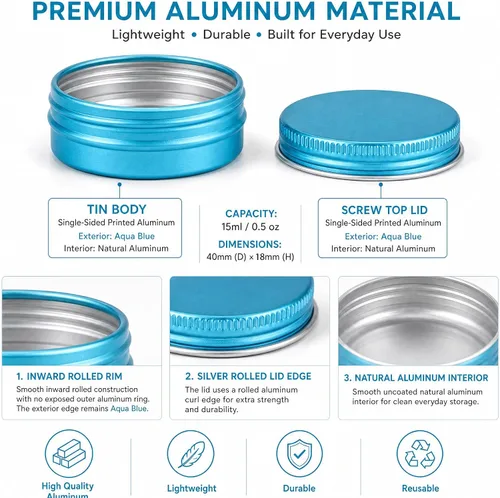 Vista 4 de 270 tarros de aluminio de 0.5 oz / 0.5 fl oz con tapa de rosca y etiquetas en blanco (azul lago)