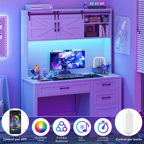 Vista 6 de Escritorio ejecutivo de granja de 67 pulgadas de alto con gabinete, mesa de oficina con luz LED y 4 cajones, escritorio para computadora