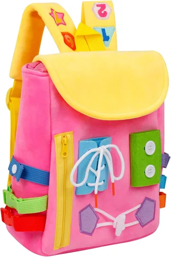 Vista 10 de Busy Board - Mochila para niños pequeños con hebillas y juguetes de actividades de aprendizaje, desarrolla habilidades motoras finas y habilidades