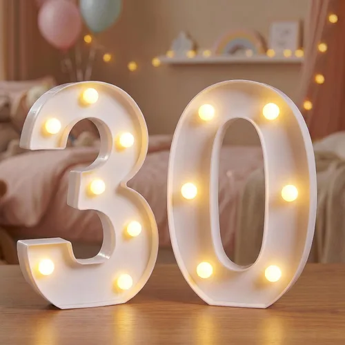 Vista 12 de Números de marquesina LED, números iluminados 2025 para fiestas, letras pequeñas iluminadas, número iluminado a pilas para cumpleaños o decoración