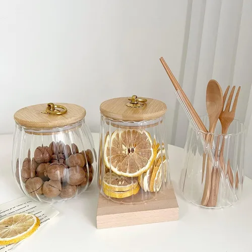 Vista 6 de Frascos de vidrio con tapas de bambú, contenedores de vidrio de 23 FL OZ con tapas herméticas para almacenamiento, tarros grandes de caramelo