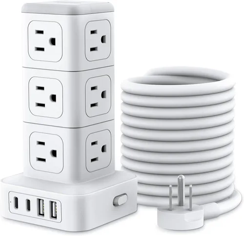Vista 10 de NTONPOWER Torre de regleta de alimentación con protector de sobretensiones, torre de protección de sobretensiones 1080J, 12 salidas de CA, 4 puertos