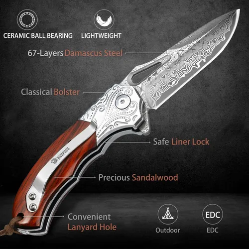 Vista 5 de NedFoss - Cuchillo de bolsillo de damasco para hombre, 2.75 pulgadas, forjado a mano VG10 Cuchillo de Damasco