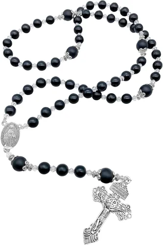 Vista 3 de Nazareth Store Rosario de cuentas de ágata negra de 0315in con forma de rosario anudado mate medalla milagrosa y cruz de perdón 20 pulgadas Piedra