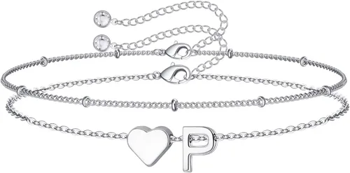 Vista 19 de M MOOHAM Pulseras de oro con inicial de corazón para mujer, pulseras con dije de letra A-Z de corazón dorado en capas para mujer, pulseras