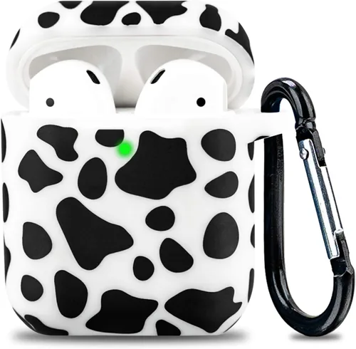 Vista 23 de LitoDream - Funda de silicona suave y flexible con llavero para Apple AirPods 2 y 1, para niñas (vaca; blanco con cactus)