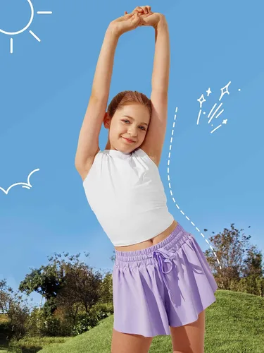 Vista 5 de Ewedoos Pantalones cortos holgados 2 en 1 para niñas, pantalones cortos atléticos de mariposa, talla 10-12, lindos pantalones cortos de moda