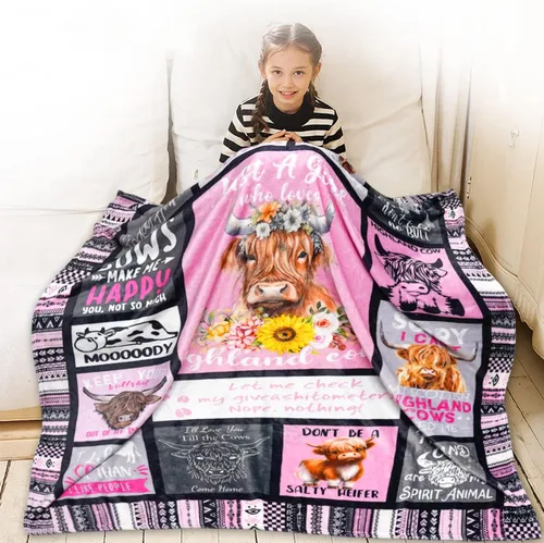 Vista 4 de Highland Cow Regalo para mujeres y niños – Manta para los amantes de las vacas – Just A Girl Who Loves Cows de las tierras altas bancos para sofá