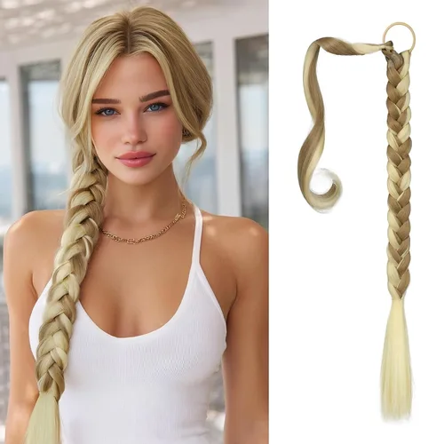 Vista 29 de SOFEIYAN Extensión de cola de caballo trenzada larga con banda elástica y mechón liso envolvente, extensiones de cabello naturales suaves