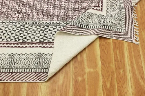 Vista 12 de Kilim Alfombra de Área 2x3 pies, color marrón bronce, diseño abstracto, estampado a mano en bloque, algodón Dhurrie, lavado a mano en superficie