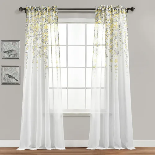 Vista 29 de Lush Decor Cenefa para ventana con flores que lloran, filtro de luz, azul y gris