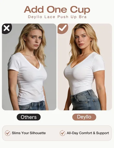 Vista 6 de Deyllo - Brasier de encaje para mujer con efecto de realce de busto, cómodo, con relleno, aros, levanta y añade una copa a tu busto Ámbar dorado