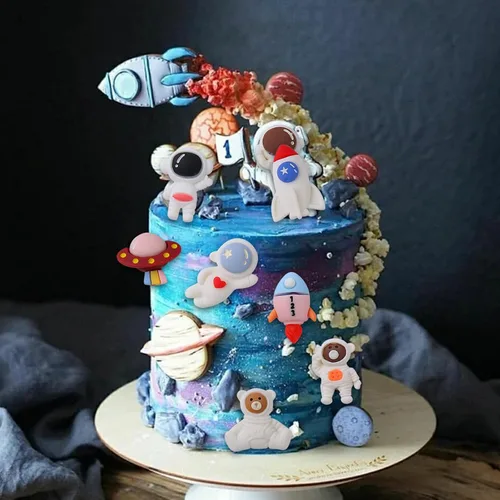 Vista 4 de Molde de silicona para decoración de pastel de astronauta, 2 unidades, molde de fondant de chocolate de nave espacial, para adornos de cupcakes