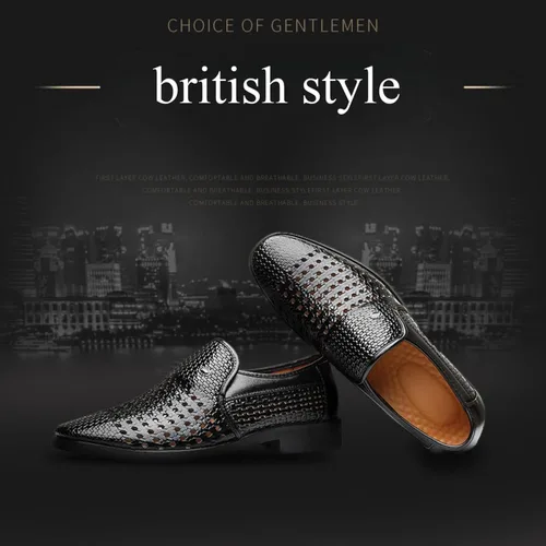 Vista 2 de Zapatos Oxford formales huecos de negocios para hombre, zapatos de cuero genuino transpirables de verano con punta puntiaguda, zapatos de cuero