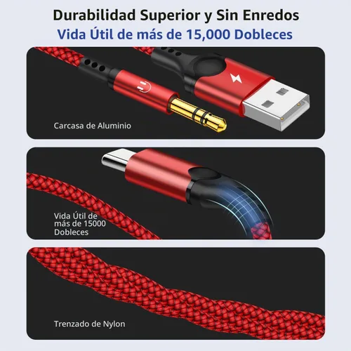 Vista 7 de Cable auxiliar USB C a 0.1 in con cargador, 2 en 1 USB C a 0.1 in Cable auxiliar estéreo para automóvil con carga PD de 18 W compatible con iPhone