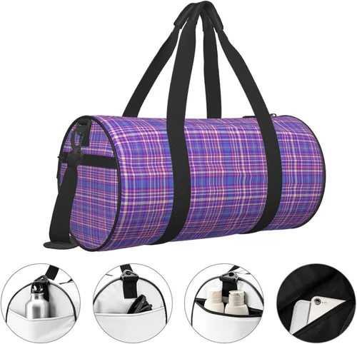 Vista 3 de Large Duffle Bag for Travel - Retro Purple Plaid Print Gym Bag for Women Men, Travel Foldable Bags for Women Men with Zippered Multiple Pockets