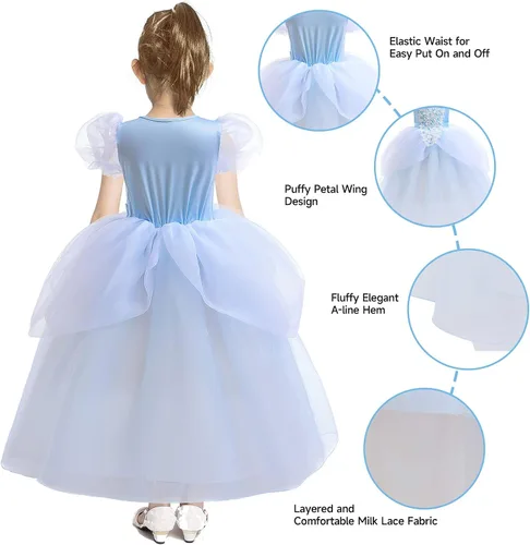 Vista 3 de Disfraz de princesa Cenicienta para niñas, manga abombada, fiesta de cumpleaños, cosplay