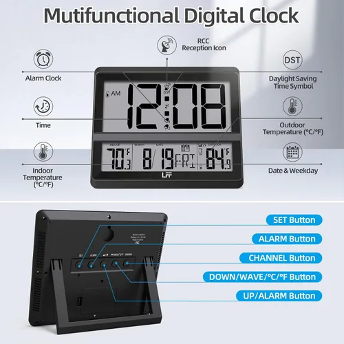 Vista 2 de LFF Reloj atómico de 11,5 pulgadas con fecha de temperatura interior y Negro