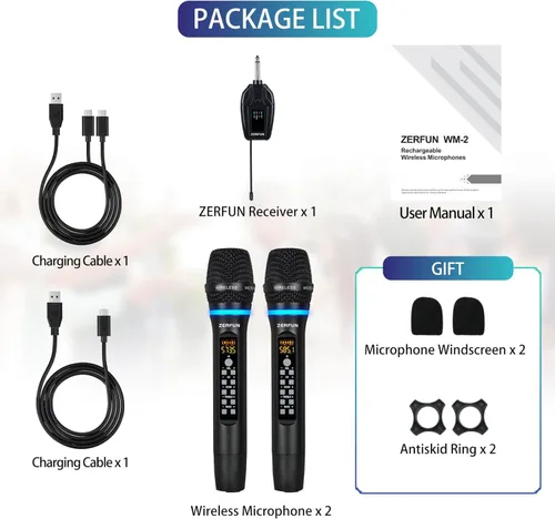 Vista 7 de Micrófonos inalámbricos duales recargables, sistema de micrófono inalámbrico de metal UHF micrófono inalámbrico profesional con control de eco