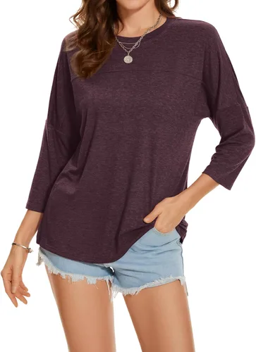 Vista 51 de ZENNILO Camisetas casuales de manga 3/4 para mujer, holgadas, cuello redondo, lindas camisetas básicas