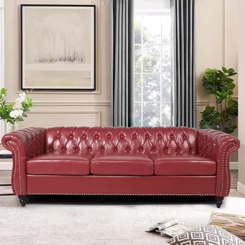Vista 14 de LEVNARY Sillón Tapizado en Cuero, Silla Sofá Individual Estilo Mediados de Siglo Moderno con Brazos Curvos y Tachuelas, Silla Chesterfield de Cuero