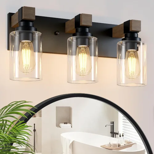 Vista 8 de Accesorios de iluminación de baño de granja, luces de tocador rústicas de 3 luces en madera para baño, iluminación de apliques de pared vintage