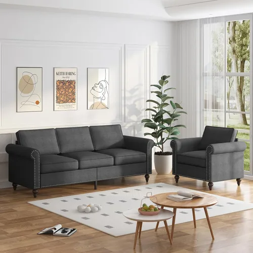 Vista 13 de Mjkone Juego de 2 Piezas para Sala de Estar, Sofás Seccionales, Juego de Sofá y Silla, Sofá Moderno de Lino con Marco de Madera y Patas