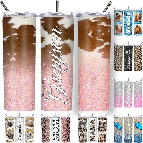 Vista 13 de Vaso delgado personalizado con purpurina con tapas y popotes, nombres, vasos de acero inoxidable personalizados con imagen para mujeres, hombres