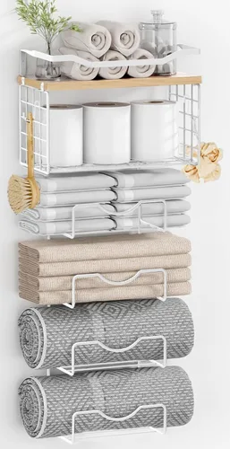 Vista 8 de Toalleros para baño, toallero montado en la pared, soporte para toallas de 6 niveles enrolladas o dobladas con estantes flotantes, portotoallas