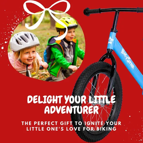 Vista 6 de Bicystar Bicicleta de equilibrio para niños de 16 pulgadas para niños de 5 a 8 años, sin pedales, neumáticos de aire, reposapiés, altura ajustable