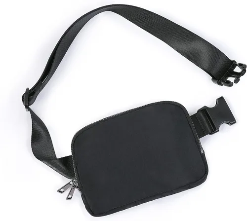 Vista 4 de ODODOS Mini bolsa de cinturón unisex con doble cremallera con correa ajustable para entrenamiento al aire libre, viajes, Negro