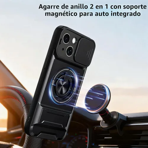 Vista 2 de Dssairo Funda para iPhone 15 con anillo magnético de rotación de 360° compatible con carcasa MagSafe Slide para cámara, soporte plegable, funda Negro